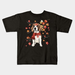 Maple Dog Leaf Fall Hello Autumn Funny Beagle Lover Kids T-Shirt